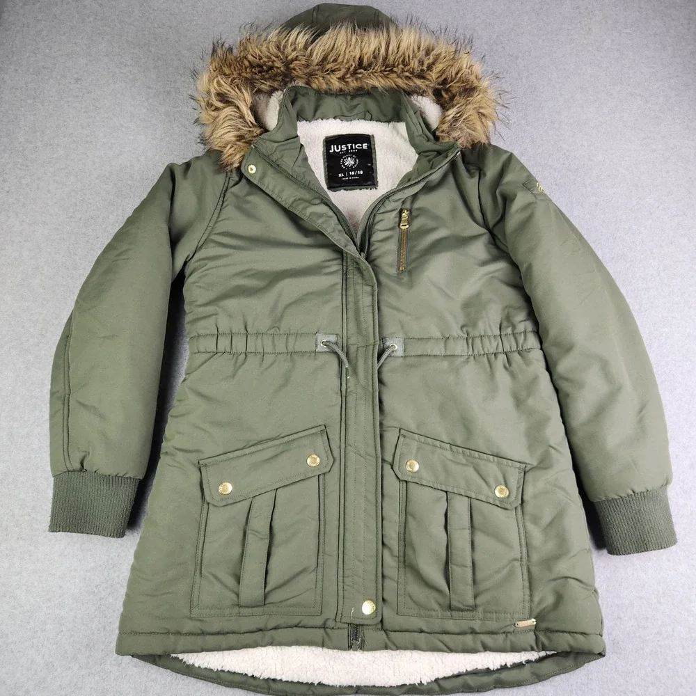 Justice Parka Jacket‎ Girls XL 16/18 Olive Green Sherpa Lined Fur Hooded Zip Up